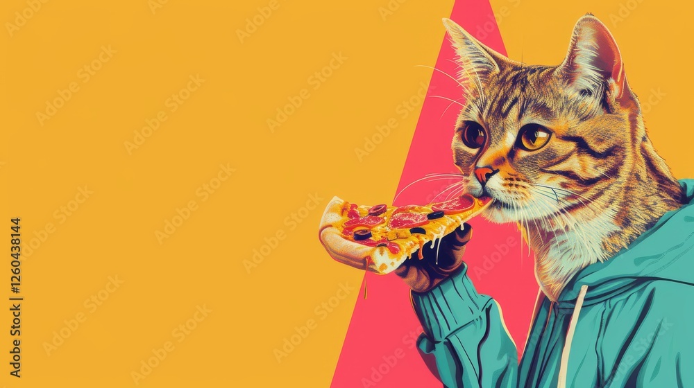 Quirky digital illustration of a tabby cat wearing a blue hoodie while enjoying a slice of pepperoni pizza. Bright, playful composition for creative designs. AI generated.