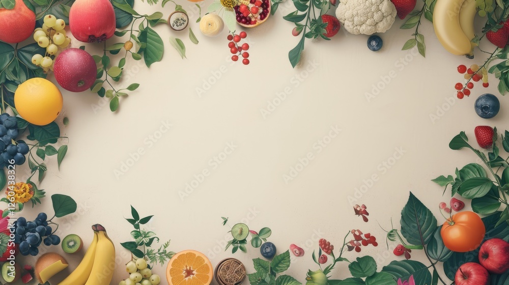 A creative flat lay of vibrant fruits, vegetables, and green foliage forming a frame on a neutral background, offering ample space for text or design overlays. AI generated.