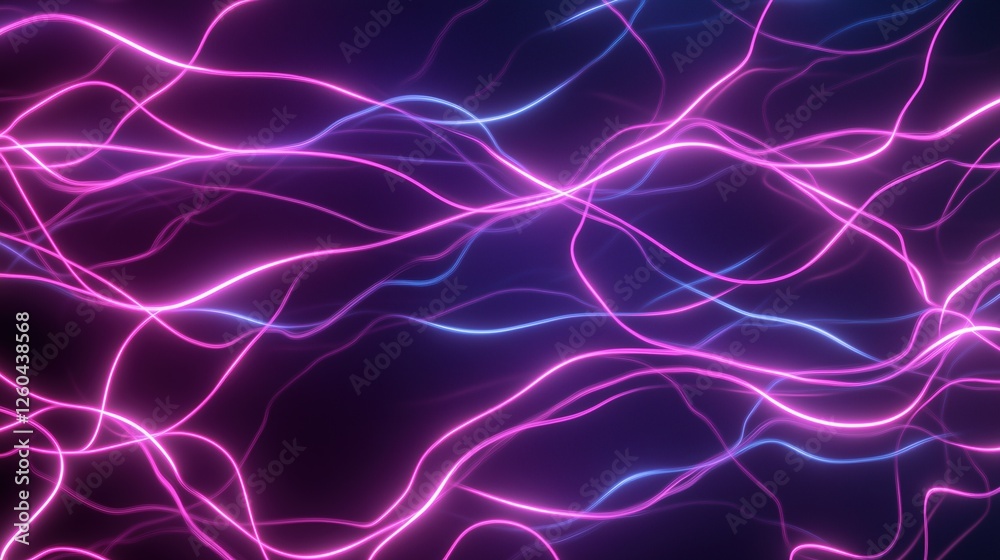 Fototapeta premium Neon Flow: An abstract background with vibrant pink and blue neon lines flowing and intertwining against a dark background, creating a dynamic and mesmerizing visual experience. 