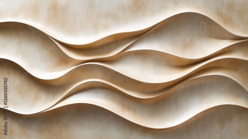 Unique wavy-shaped wooden wall panel in beige with a bronze backdrop. Its abstract texture creates an ornate 3D effect. Unique wavy-shaped wooden wall panel in beige with a bronze backdrop. Its abstract texture creates an ornate 3D effect.