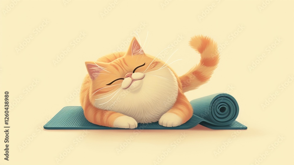Vibrant illustration of a happy orange tabby cat lounging on a rolled yoga mat. Its playful and relaxing vibe is ideal for pet or yoga-themed content. AI generated.