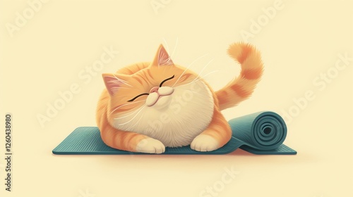 Obraz na płótnie Vibrant illustration of a happy orange tabby cat lounging on a rolled yoga mat. Its playful and relaxing vibe is ideal for pet or yoga-themed content. AI generated. w salonie