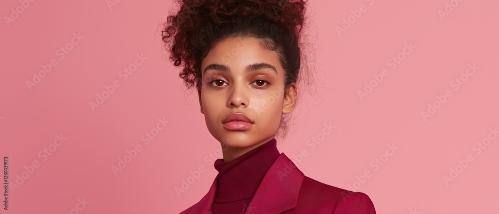 Portrait of a young woman with curly hair. she is wearing a maroon blazer with a high collar and a high neckline. her hair is styled in loose curls that frame her face and falls over her shoulders. Portrait of a young woman with curly hair. she is wearing a maroon blazer with a high collar and a high neckline. her hair is styled in loose curls that frame her face and falls over her shoulders.