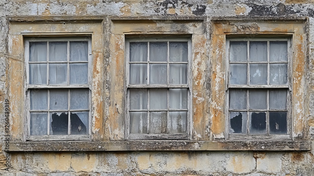 Weather-beaten windows stood tall in the deserted house's facade. Weather-beaten windows stood tall in the deserted house's facade.