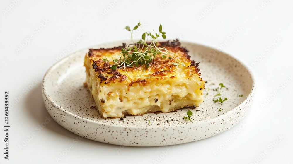 A fine dining presentation of cheesy hash brown casserole, served on a speckled ceramic plate, garnished with microgreens, against a minimalist white background A fine dining presentation of cheesy hash brown casserole, served on a speckled ceramic plate, garnished with microgreens, against a minimalist white background