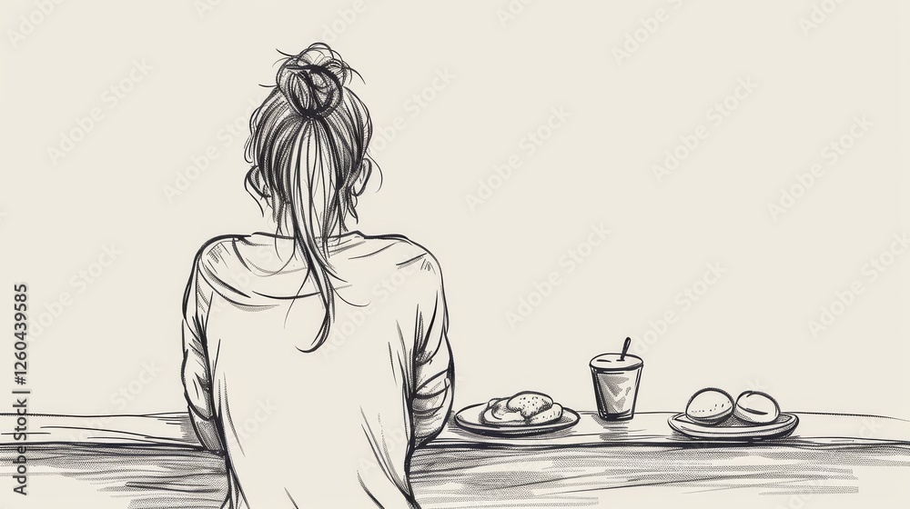 A sketch showcases a woman seated at a counter with food plates and a drink, emphasizing simplicity and a relaxed dining setting. The monochrome tones add charm. AI generated.