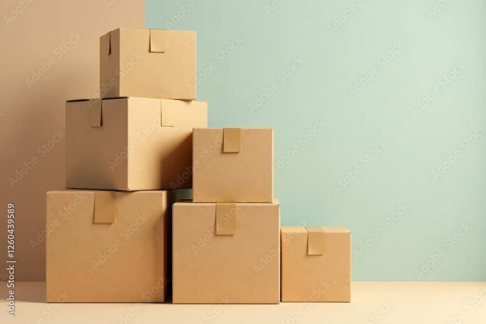 Neatly stacked cardboard boxes, various sizes, arrangement, ecommerce, stack Neatly stacked cardboard boxes, various sizes, arrangement, ecommerce, stack