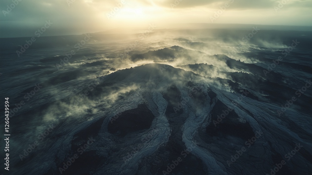 Fototapeta premium Otherworldly Volcanic Surface with Sunlit Horizon – Premium Visual for Commercial & Creative Projects