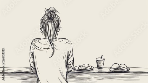 A sketch showcases a woman seated at a counter with food plates and a drink, emphasizing simplicity and a relaxed dining setting. The monochrome tones add charm. AI generated.