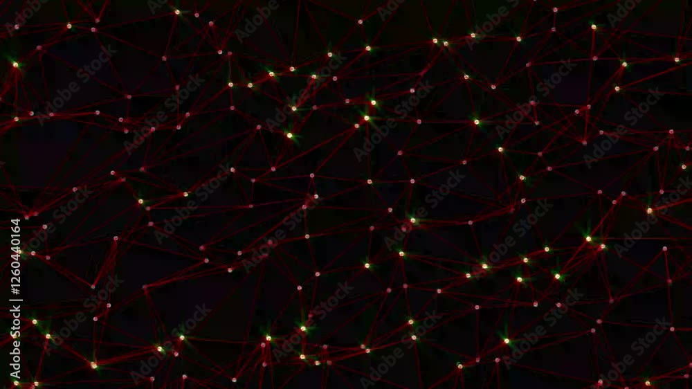 Abstract technology red color Plexus background from animated lines and dots. Network Looping seamless space geometrical backdrop with black background.