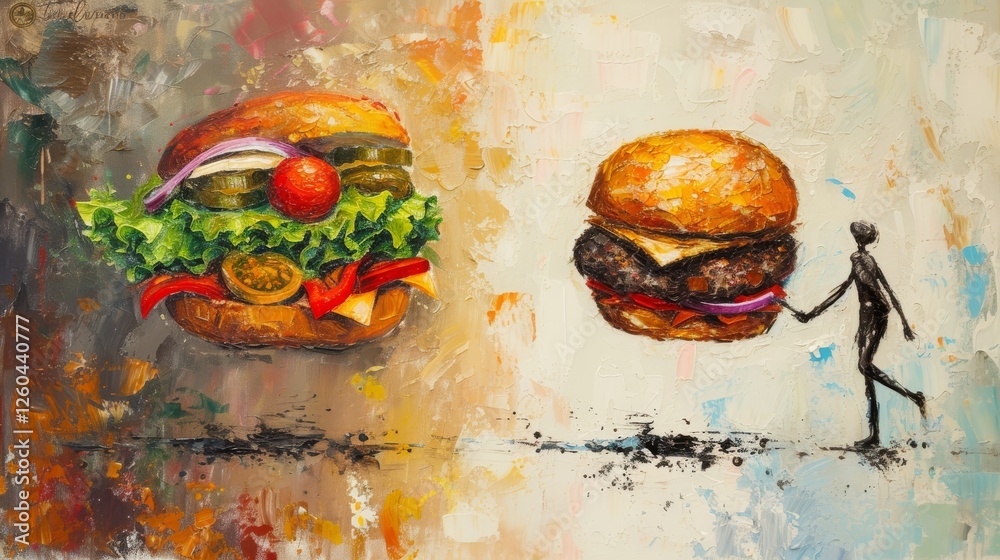 A vibrant abstract painting showcasing a colorful burger and a minimalist black-and-white figure holding another burger, emphasizing contrast and artistic expression. AI generated.