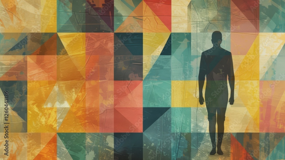 A silhouette of a person stands in front of a vibrant abstract background of geometric patterns and bright, colorful tones. Energetic and modern design. AI generated.