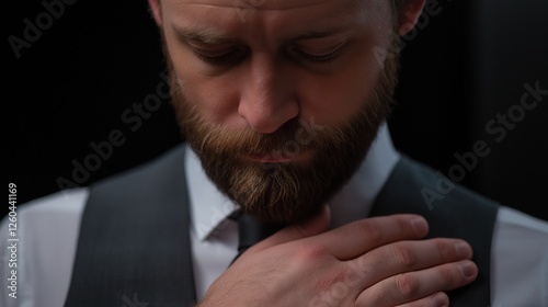 Close-up portrait of a man with a beard. he is wearing a dark grey vest over a white shirt and a black tie. his eyes are closed and his head is tilted downwards, as if he is deep in thought.