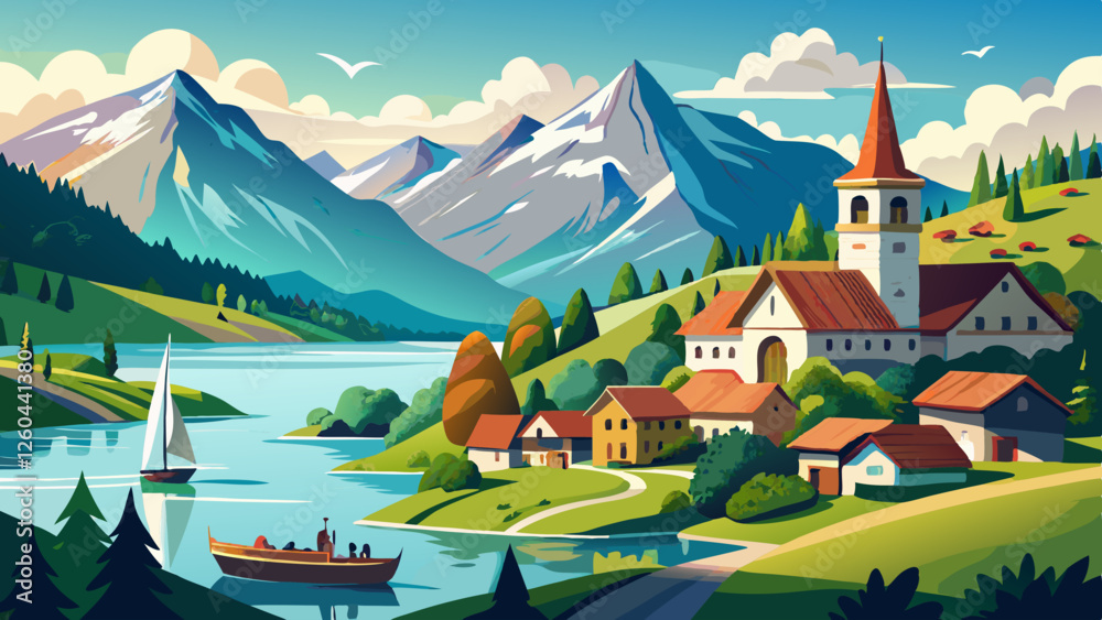 Naklejka premium Panoramic view on beautiful Swiss Alps surrounding Lake Lucerne