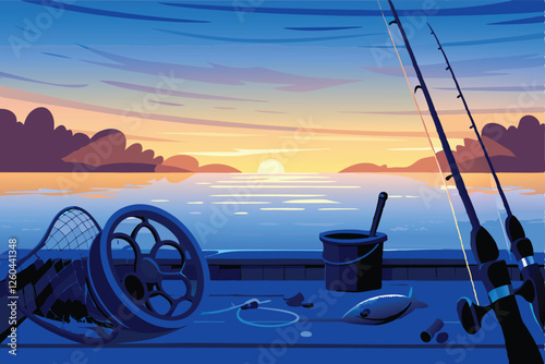 Serene sunrise illuminates a rustic dock; fishing nets, rods, and tackle scattered, hinting at recent activity.  A lone figure is visible.
