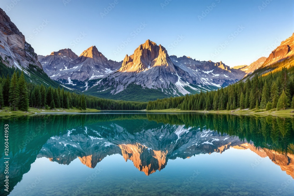 Scenic mountain landscape featuring a serene lake reflecting rugged snow-capped peaks and dense green forest under a clear blue sky. Nature background. Ai generative Scenic mountain landscape featuring a serene lake reflecting rugged snow-capped peaks and dense green forest under a clear blue sky. Nature background. Ai generative