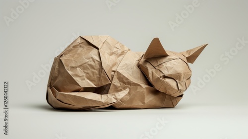 A paper sculpture of a sleeping cat in origami style, crafted with intricate folds and natural brown tones, exuding minimalistic elegance. AI generated.