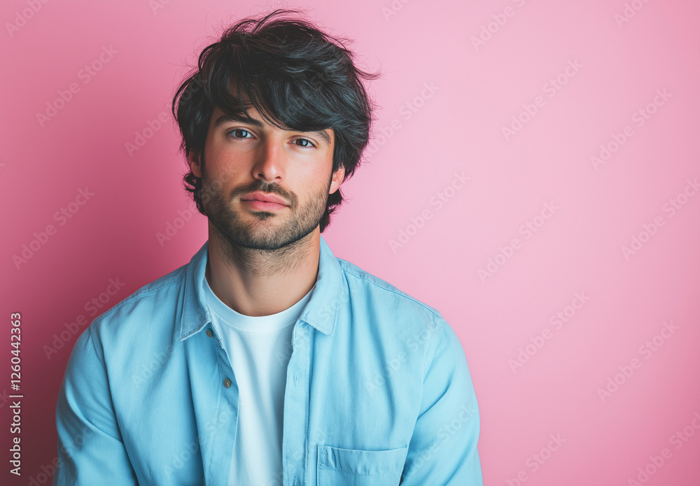 Obraz premium Portrait of an attractive man with black hair and stubble, wearing a blue shirt over a white t-shirt, set against a pink background. Soft, natural lighting enhances the simple and stylish composition.