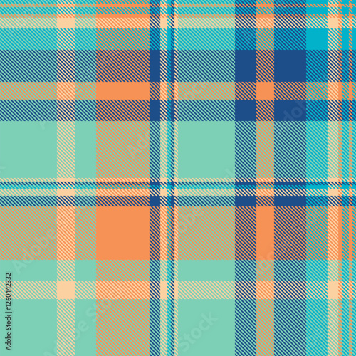 Vibrant teal, peach, and beige plaid pattern.  Perfect for textile designs, website backgrounds, or fashion illustrations. This cheerful and summery design evokes a sense of warmth and optimism.