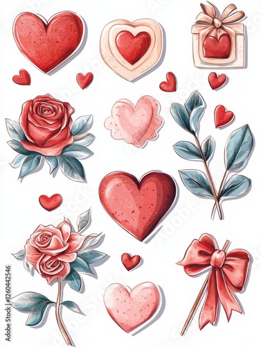 Romantic planner stickers. Love elements, hand drawn cute valentines. Scrapbooking design for diary or agenda, lovely card exact vector set