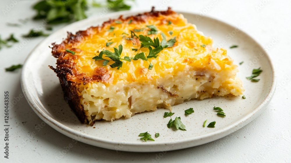 A single slice of hash brown casserole served on a white ceramic plate, garnished with fresh herbs, against a light gray background A single slice of hash brown casserole served on a white ceramic plate, garnished with fresh herbs, against a light gray background