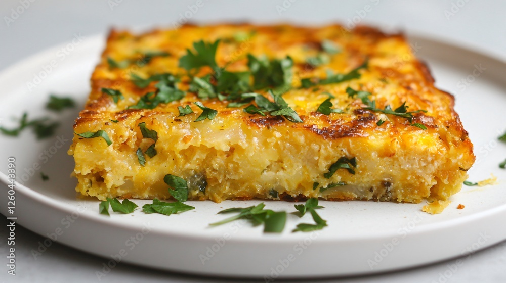 A single slice of hash brown casserole served on a white ceramic plate, garnished with fresh herbs, against a light gray background A single slice of hash brown casserole served on a white ceramic plate, garnished with fresh herbs, against a light gray background