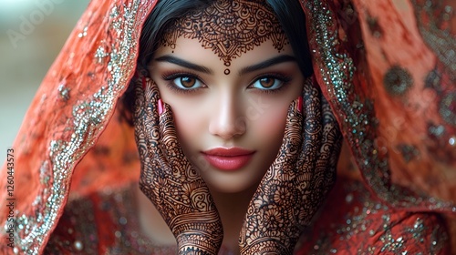 Indian bride, henna, closeup, beautiful woman, portrait photo