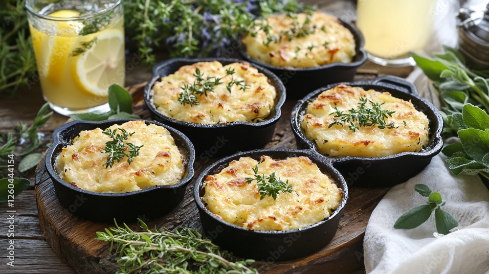 A summer picnic scene with individual servings of hash brown casserole in mini cast iron skillets, surrounded by fresh herbs and lemonade glasses A summer picnic scene with individual servings of hash brown casserole in mini cast iron skillets, surrounded by fresh herbs and lemonade glasses