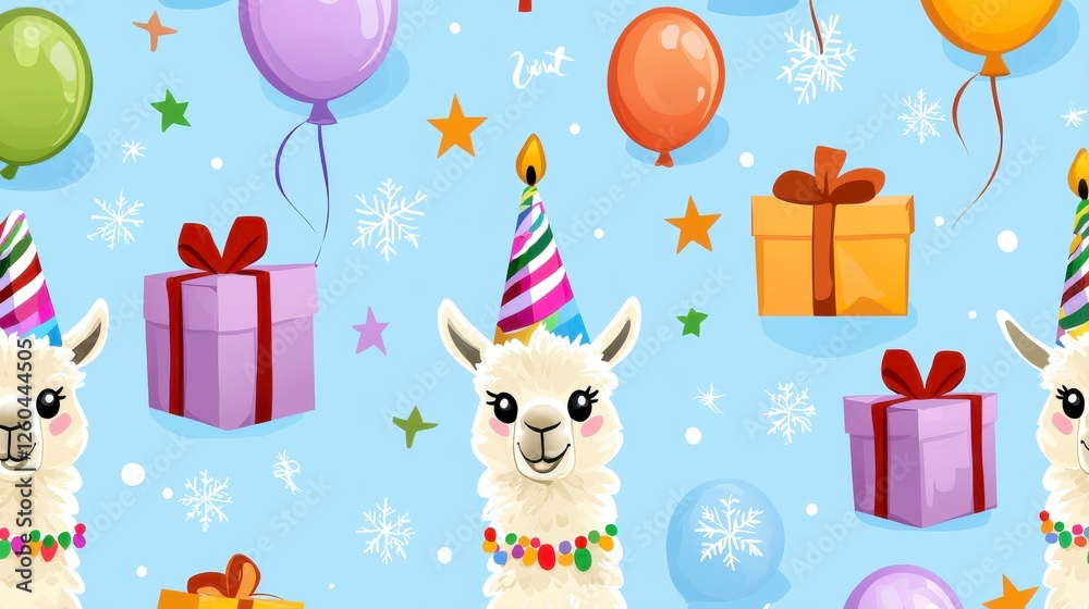 Fototapeta premium Cute llama character with festive decorations, balloons, stars, and gift boxes on a cheerful blue background
