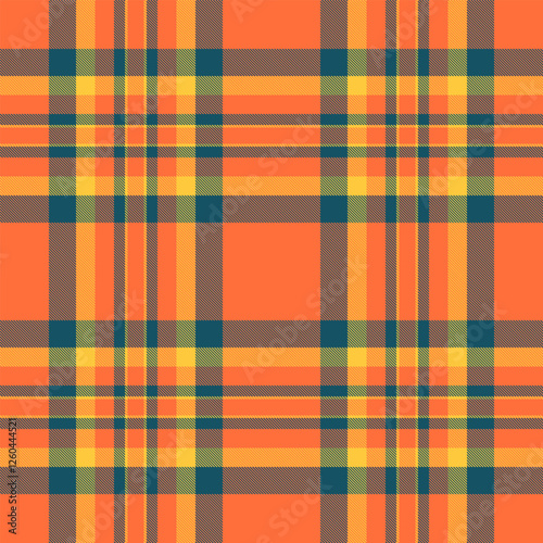 Dog tooth plaid seamless texture, cutout background tartan check. Part vector fabric pattern textile in orange and cyan colors.