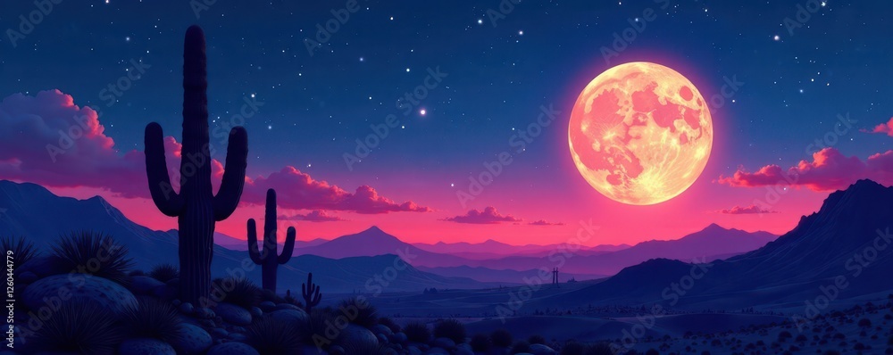 Fototapeta premium Silhouetted cacti against a moonlit desert night, desert plant, moonlit night, night photography
