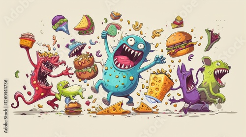 Vibrant cartoon monsters joyfully toss burgers, tacos, and snacks in the air, creating an energetic and humorous scene full of motion and color. AI generated.