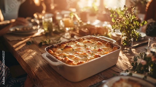 A warm, nostalgic family gathering scene with a golden hash brown casserole fresh out of the oven, set on a cozy, sunlit wooden table photo