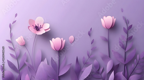 3D paper-cut style purple background with pink flowers
