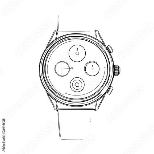 Hand-drawn vector illustration of a classic wristwatch with chronograph features and minimalist design