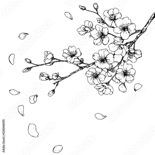 Elegant hand-drawn cherry blossom branch with falling petals captures the essence of spring in a beautiful vector illustration
