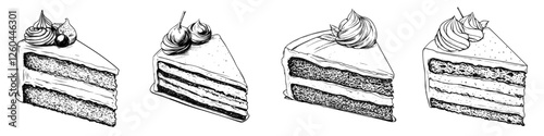 Delicious hand-drawn cake slices showcasing various flavors and intricate frosting designs