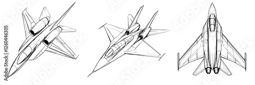 Vector illustration of hand-drawn fighter jets in an aerial display showcasing sleek designs and intricate details