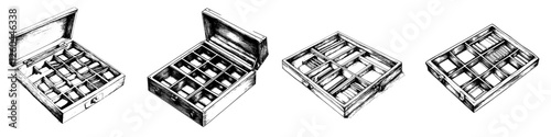 Hand drawn vector illustration of various open boxes displaying compartments for organization