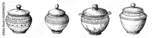 Artisan ceramic pots displayed in a row with intricate designs showcasing traditional craftsmanship and artistry