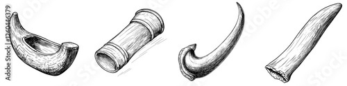 Various traditional tools crafted from animal horns displayed in detailed sketches showcasing unique shapes and textures