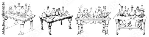 Collection of vintage laboratory tables with glassware and equipment used for experiments and potions in a creative workspace setting