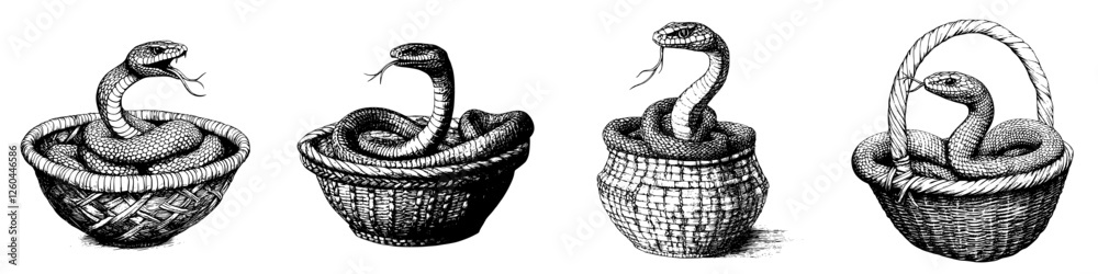 Fototapeta premium Snakes coiled in various woven baskets showcasing unique textures and designs in monochrome illustration