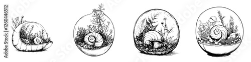Creative terrarium designs featuring snail shells with various plant arrangements and textures