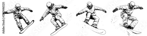 Snowboarder performing dynamic tricks on a snowy slope during winter sports competition