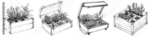 Detailed drawings of various wooden planters showcasing a range of plants and herbs in a garden setting