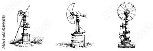 Vintage water pumps in a rural setting showcasing classic engineering from the 19th century