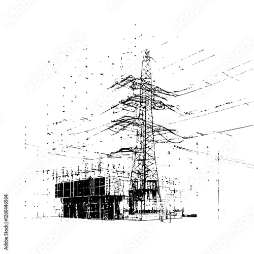 High voltage power substation structure illuminated against the night sky in an industrial area