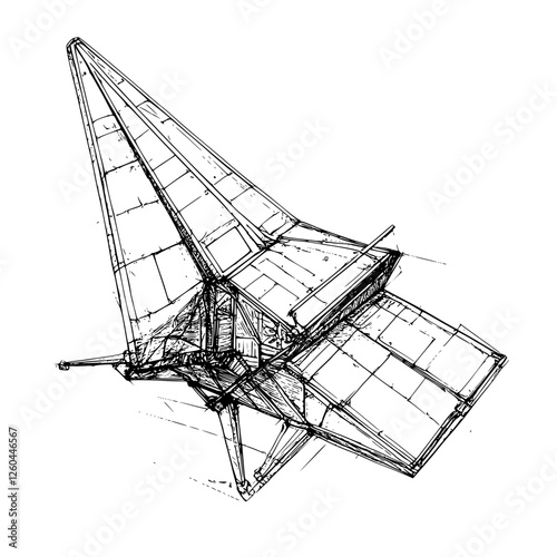 Futuristic spacecraft design featuring sharp angles and unique structure in detailed sketch form