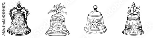 Decorative bells featuring intricate designs and floral themes displayed in a linear arrangement